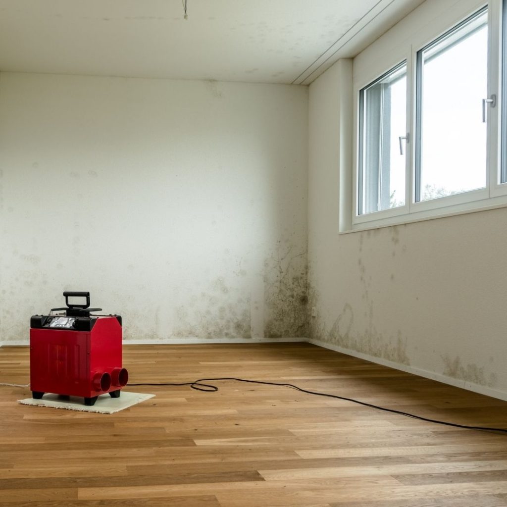 A red dehumidifier in a room with mold growing on the walls